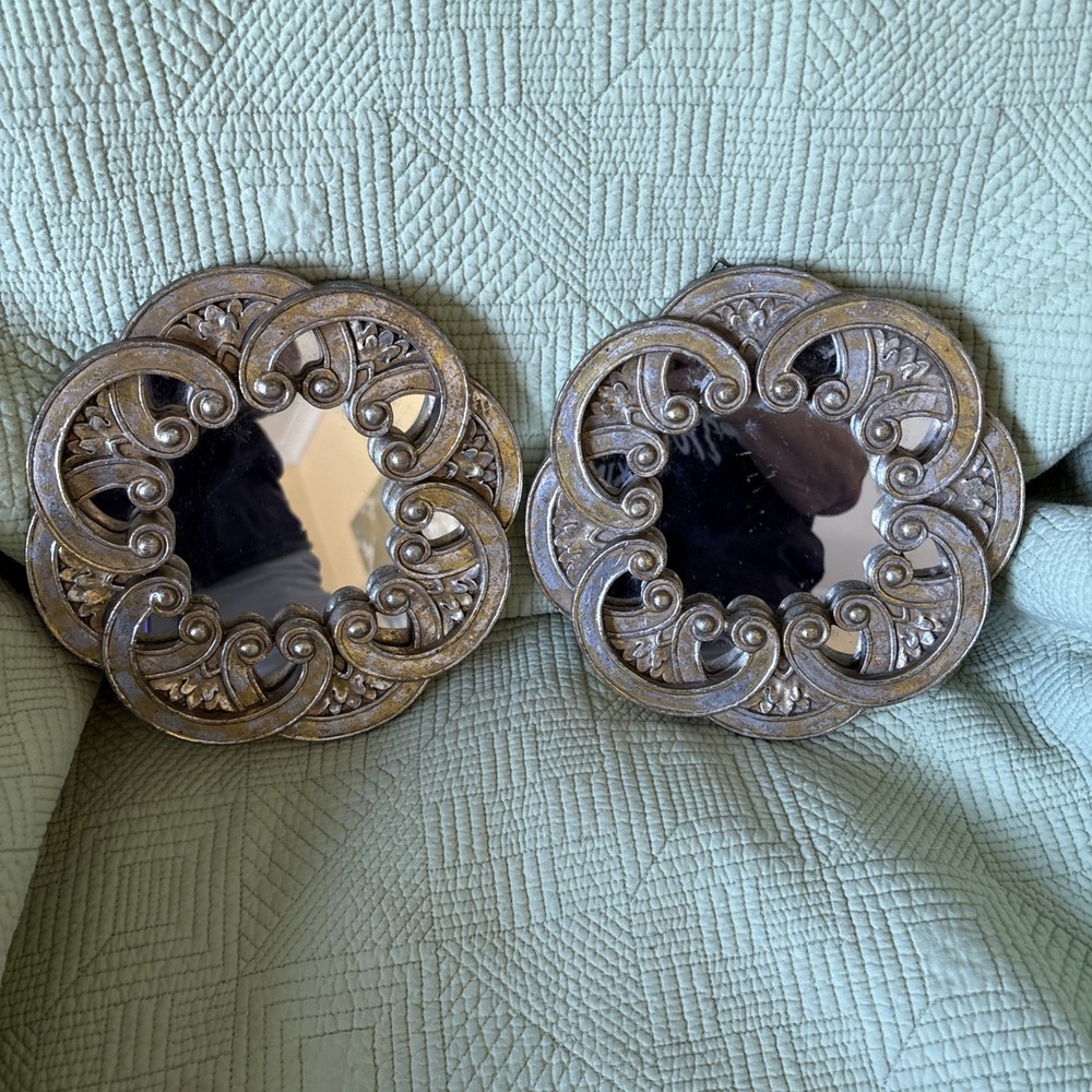 Pair Ornate Round Wall Mirrors 8" Distressed Gold Bronze Scroll Floral Decor